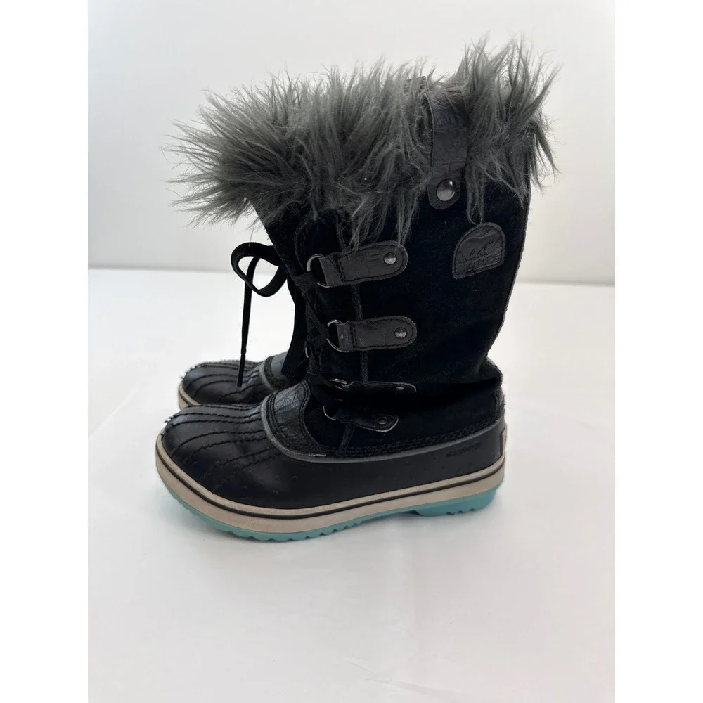 Sorel Joan of Arctic Boots Kids Size 3 Black Waterproof Faux Fur Winter Snow